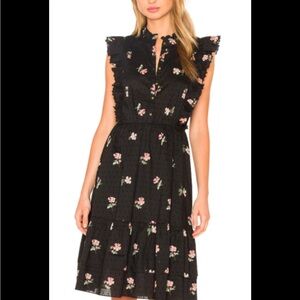 ULLA JOHNSON "ESTELLE" Dress Floral Swiss Dot Ruffle Dress Noir Sz 2